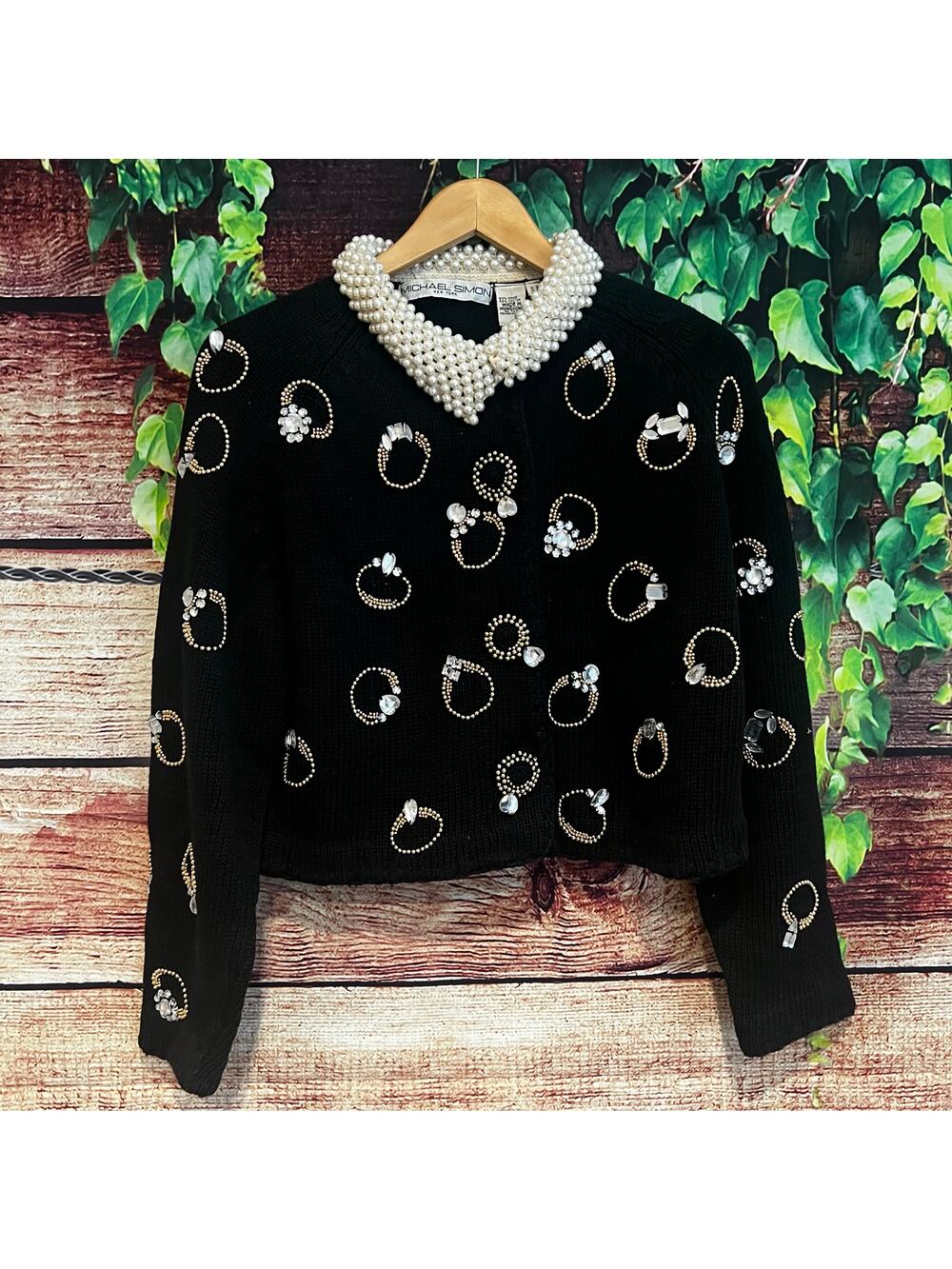 RARE Vintage Michael Simon Wedding Ring Sweater Diamond Pearl Beaded Cardigan